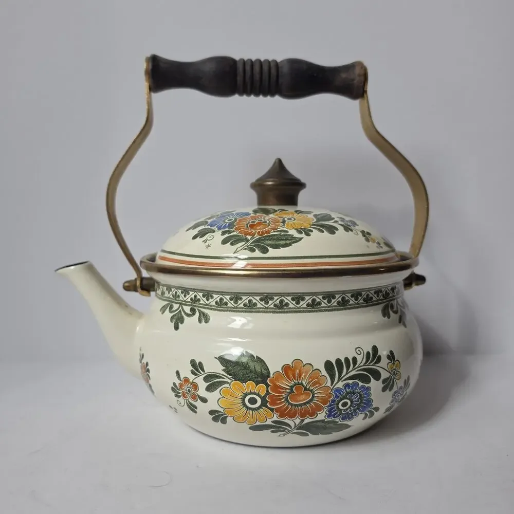Vintage ASTA Germany Enamel Tea Kettle With Warmer Stand Floral Mid Century